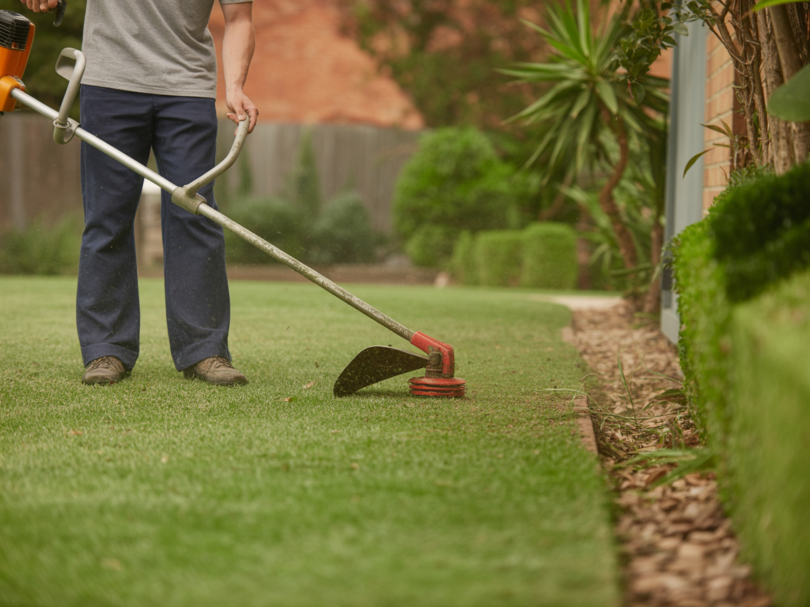 Whipper snipping and line trimming along lawn edges in Perth