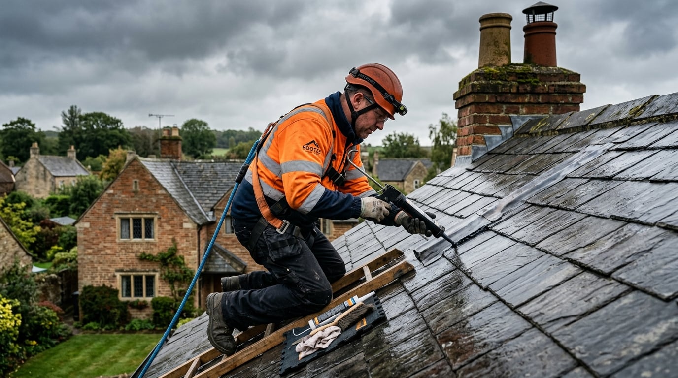 Roofer sealing a leak on a pitched roof