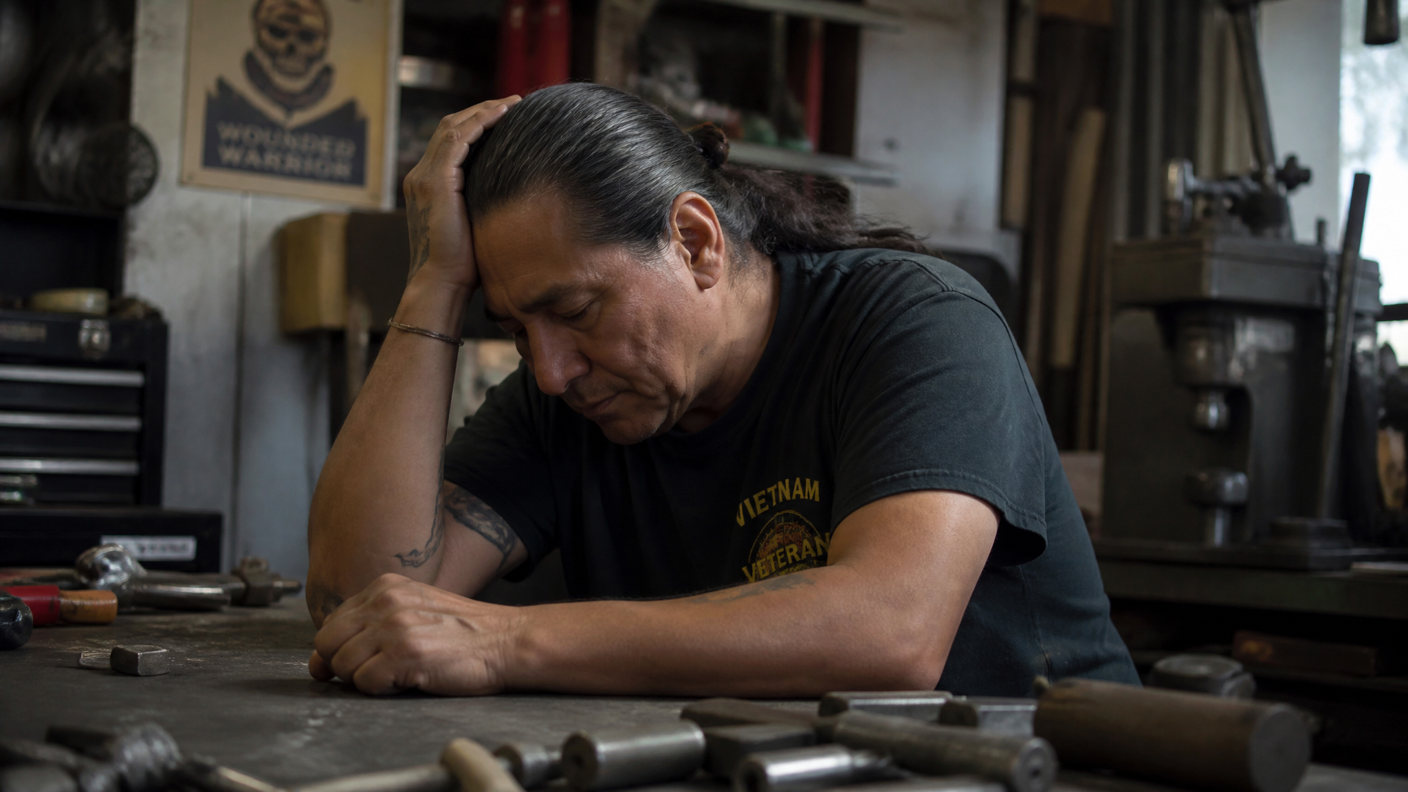 A veteran sitting at a workbench unable to use tools, head bowed in frustration from lost employment capacity due to elbow disability