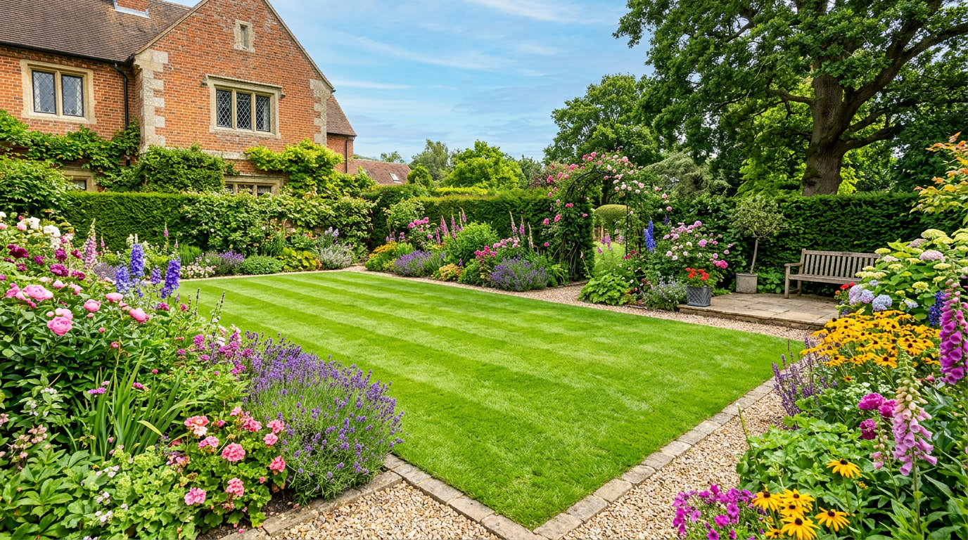 Freshly turfed lawn with colourful flower beds in a UK garden