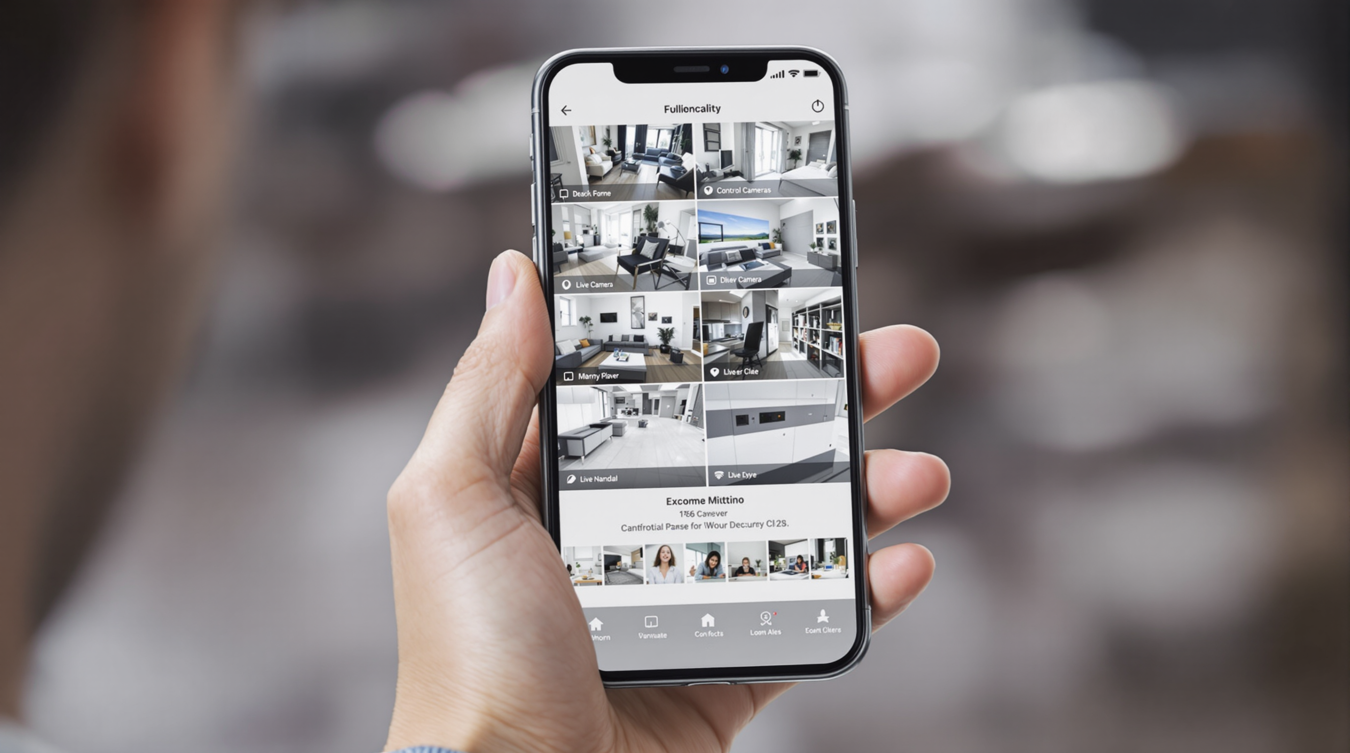 Smartphone displaying comprehensive security app with multiple camera feeds and controls