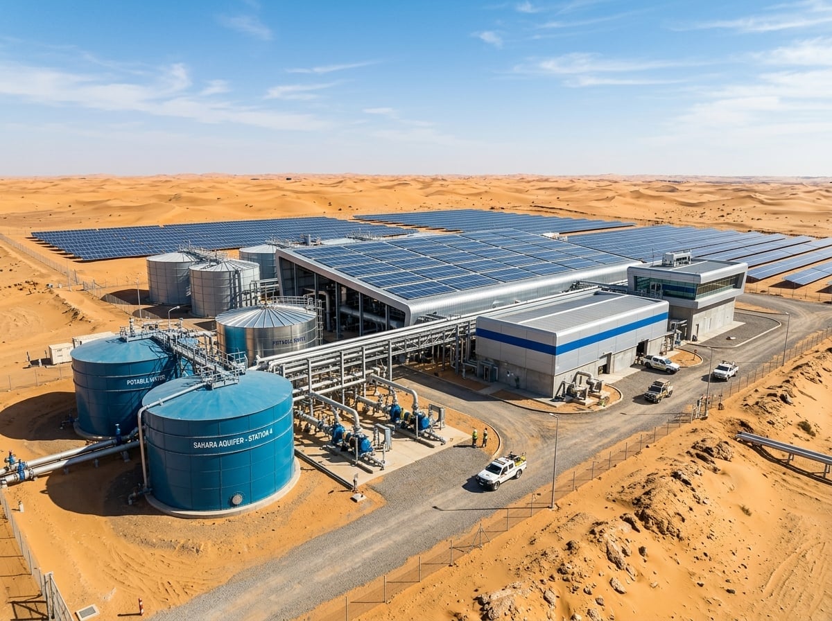 Modern solar-powered pumping station facility in the desert