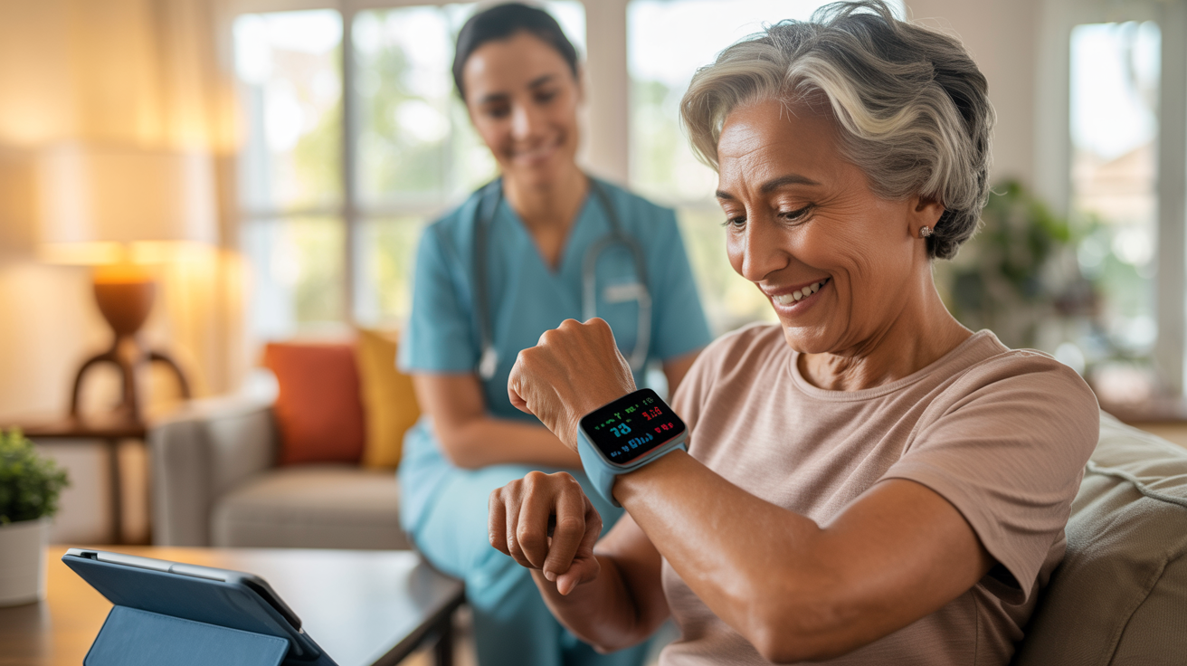 Senior using AI-powered wearable health monitoring device at home