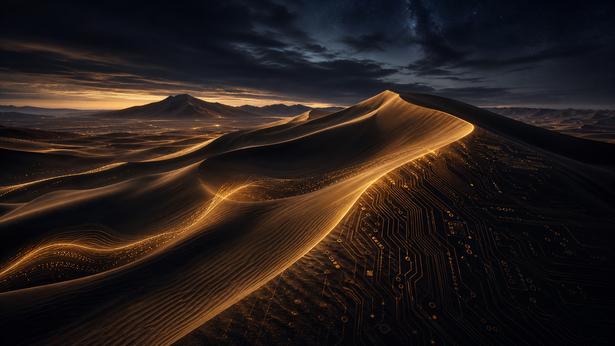 Abstract desert dunes with digital light trails