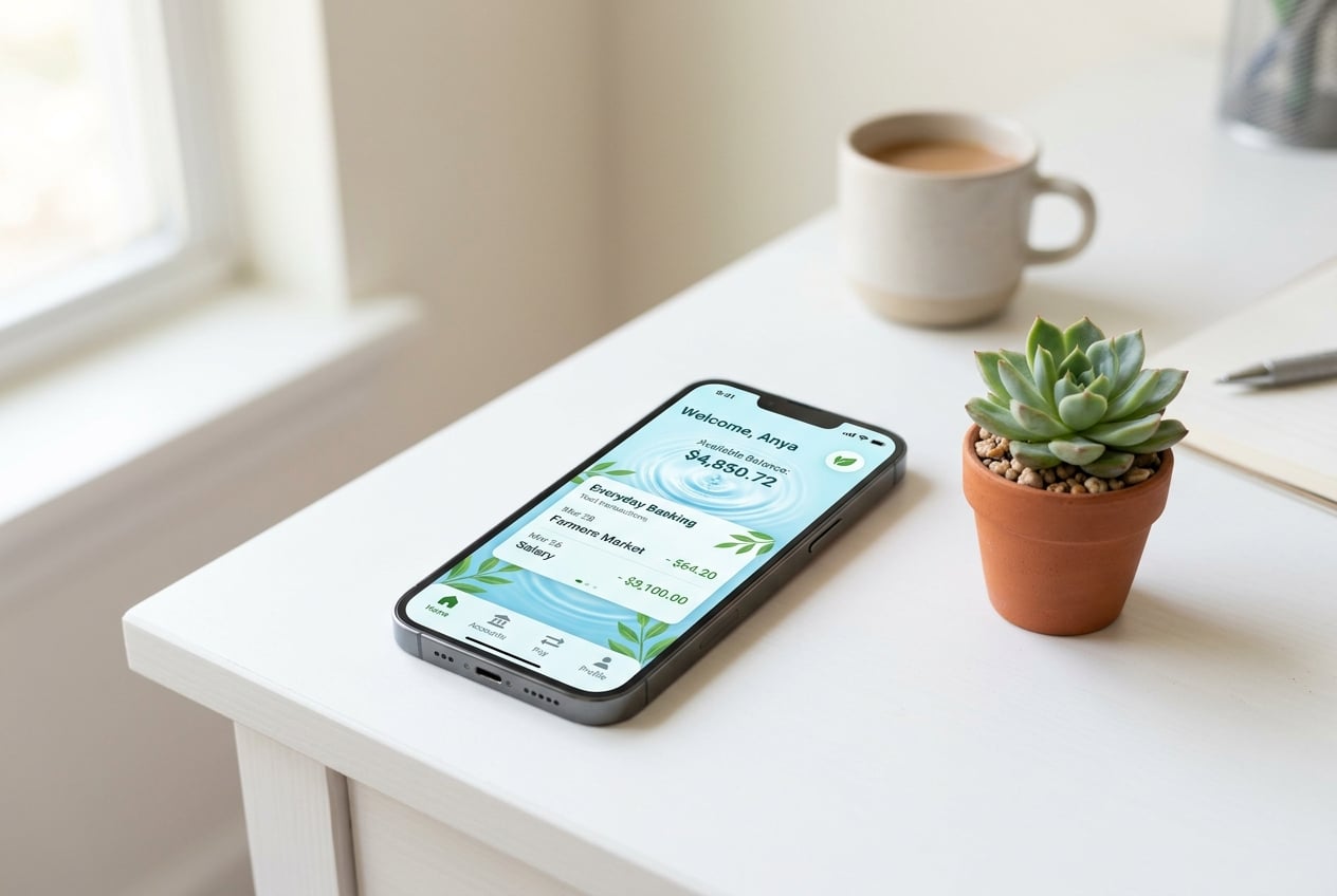 Modern smartphone displaying nature-themed banking app interface on clean desk with a small plant