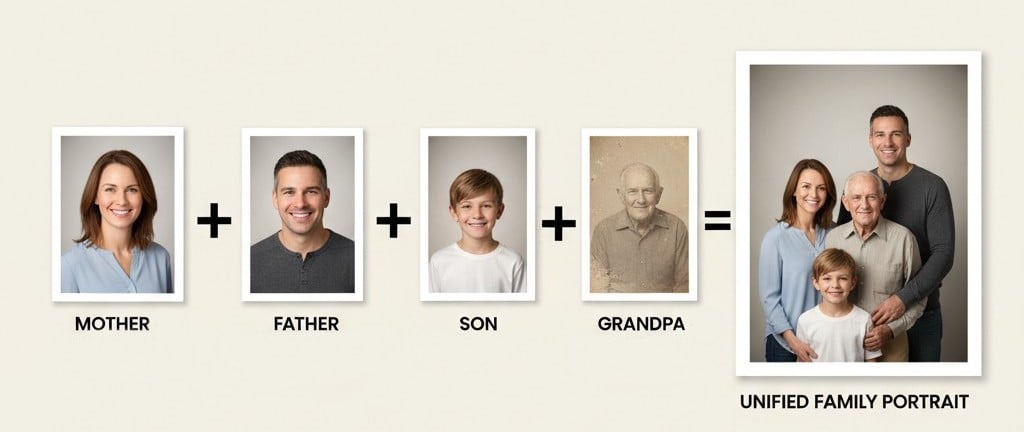 Step-by-step family portrait creation process showing individual photos combined into unified portrait