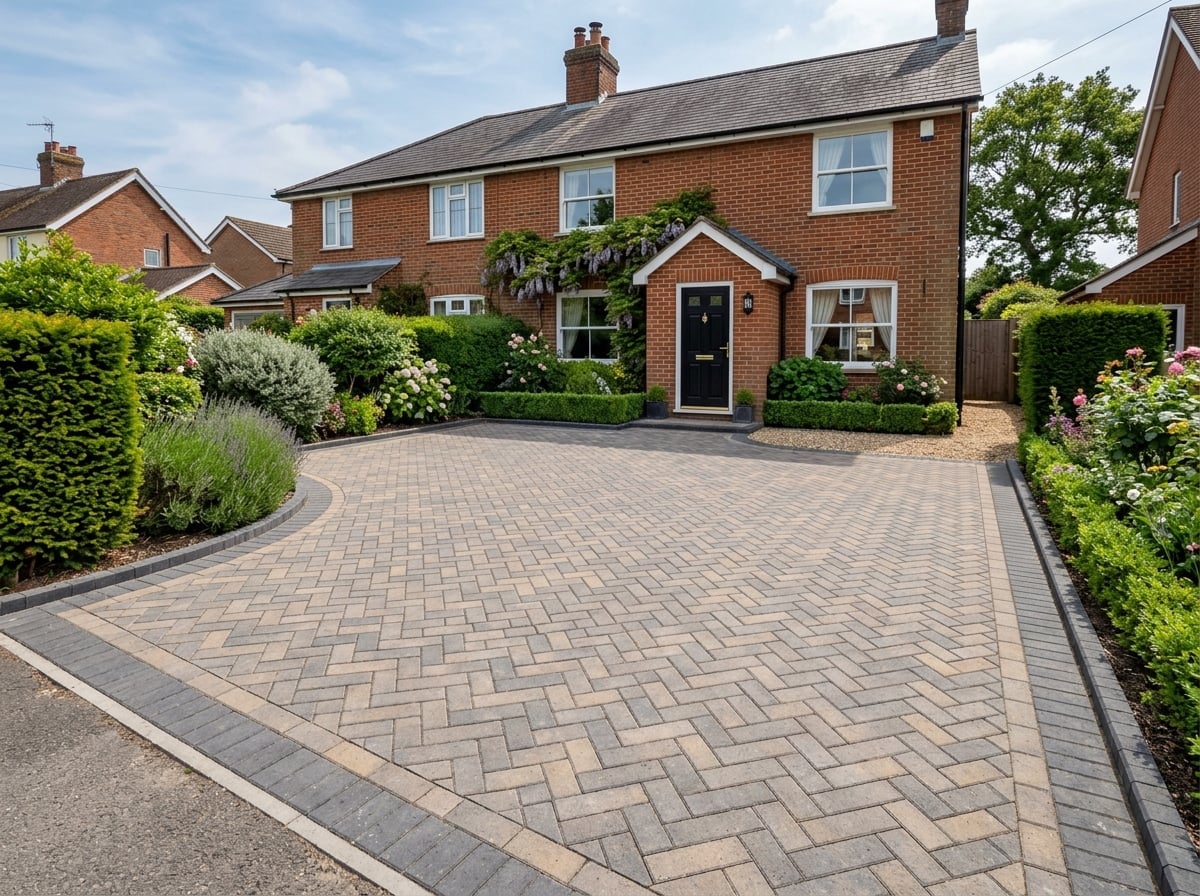 Block paving driveway with herringbone pattern