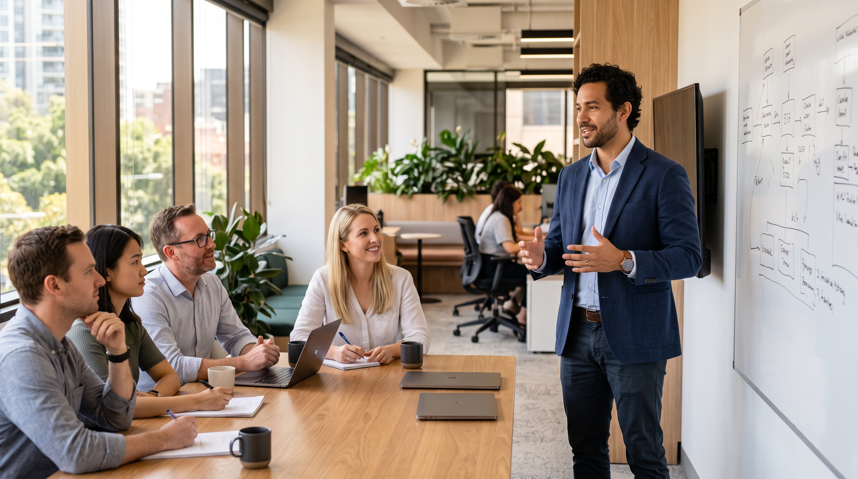 A Brazilian-background professional presenting to a small team in a modern Australian workplace