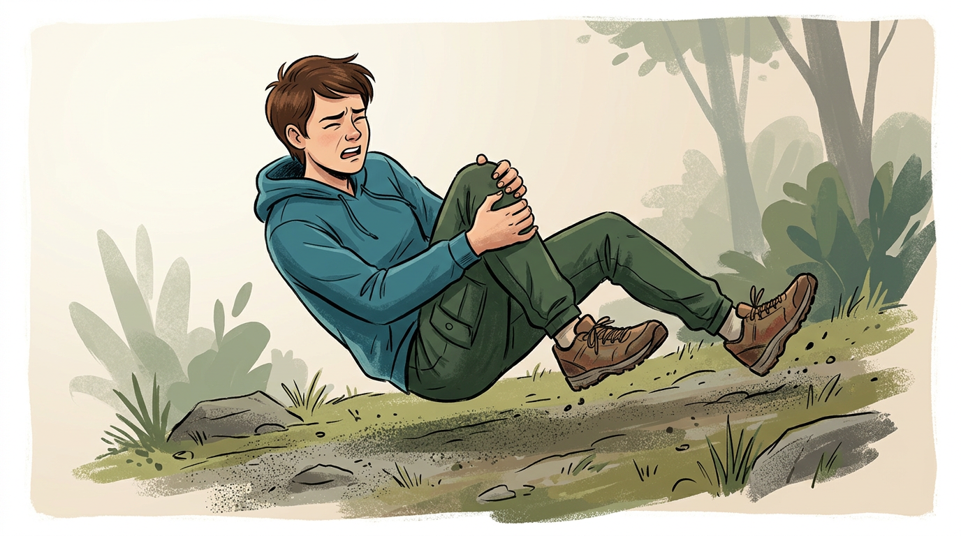 Illustration of a person mid-fall clutching their knee in pain on uneven outdoor ground