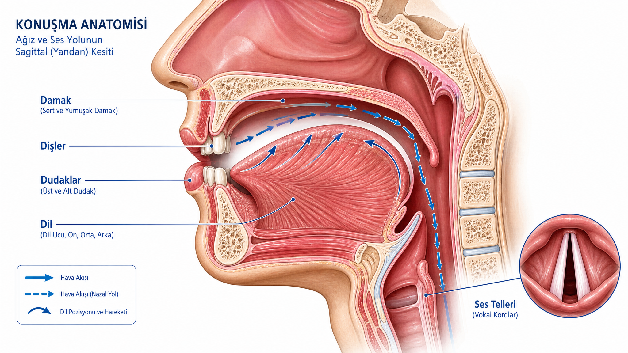 İnsan ağız anatomisi ve artikülasyon diyagramı - dil ve dudak pozisyonları