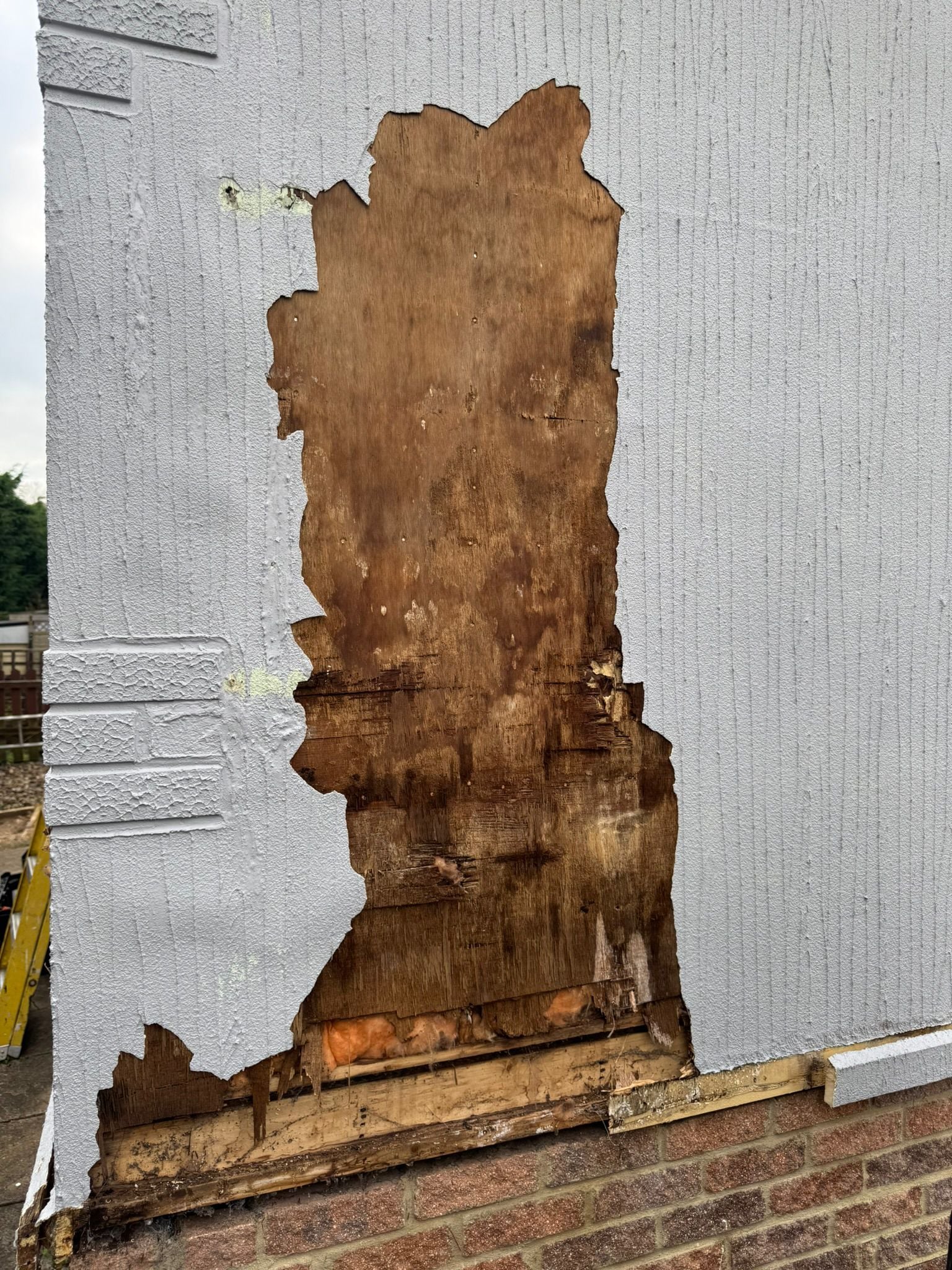 Exposed rotting wood behind damaged cladding on park home wall requiring urgent repair