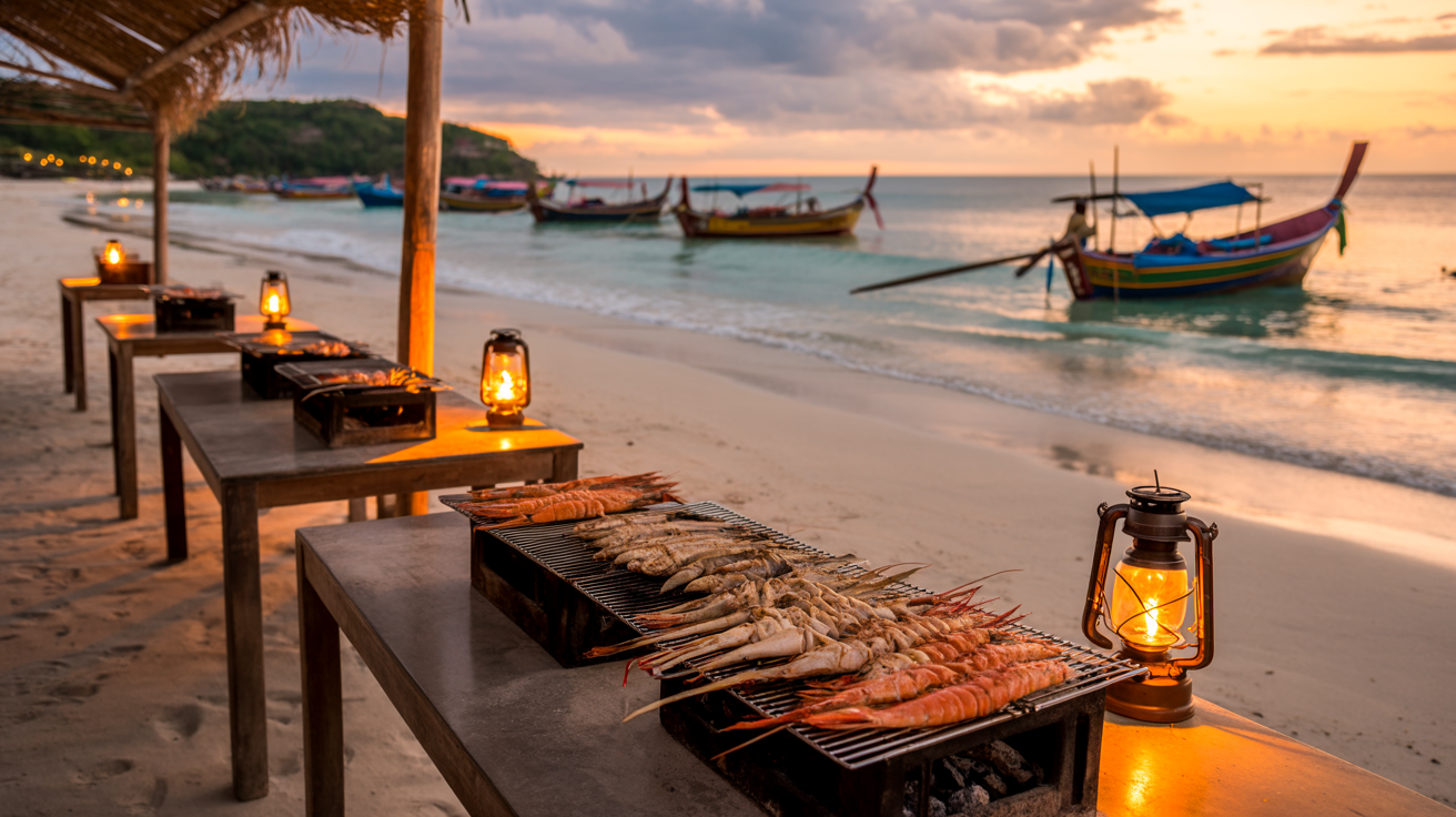 Jimbaran beach seafood restaurants at sunset with tables and traditional grills set up on the sand for the famous beachfront BBQ dining experience