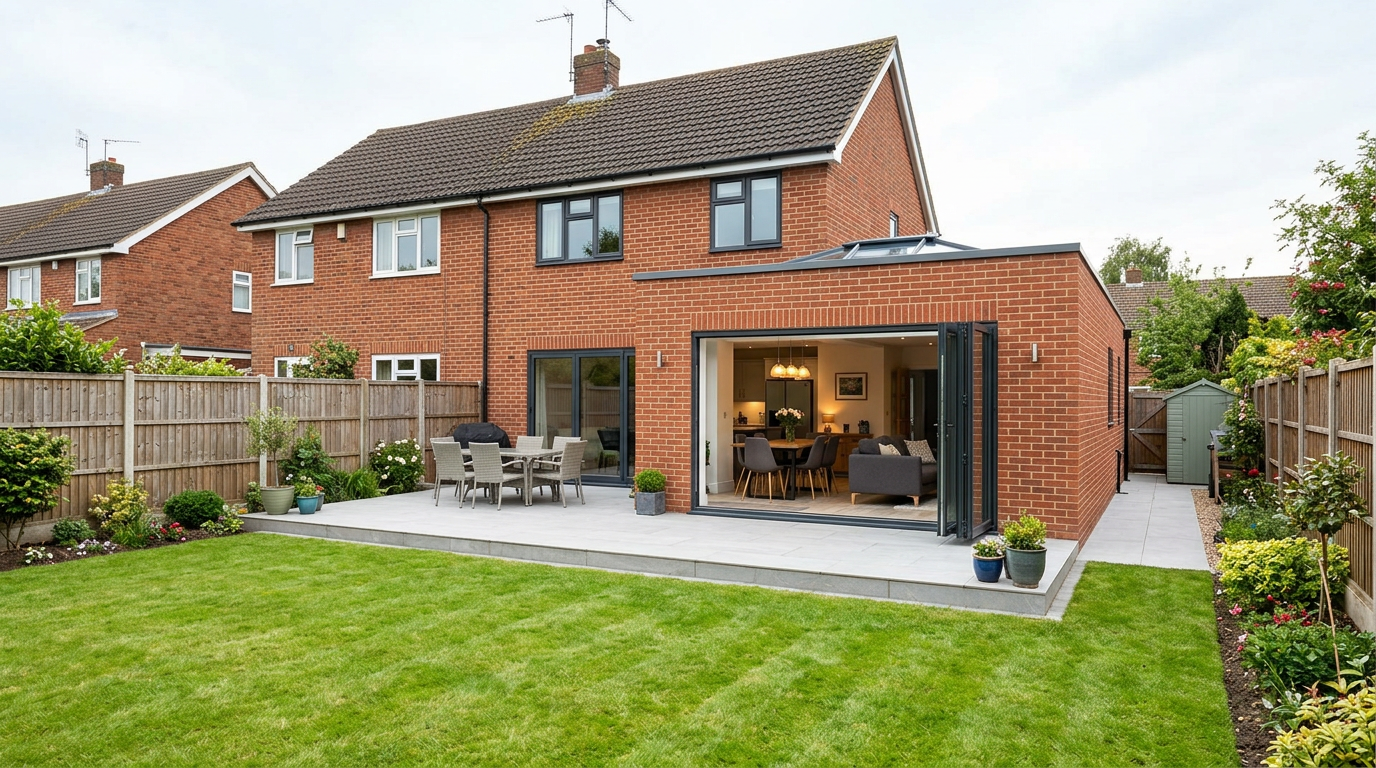 UK semi-detached house with a new single storey rear extension