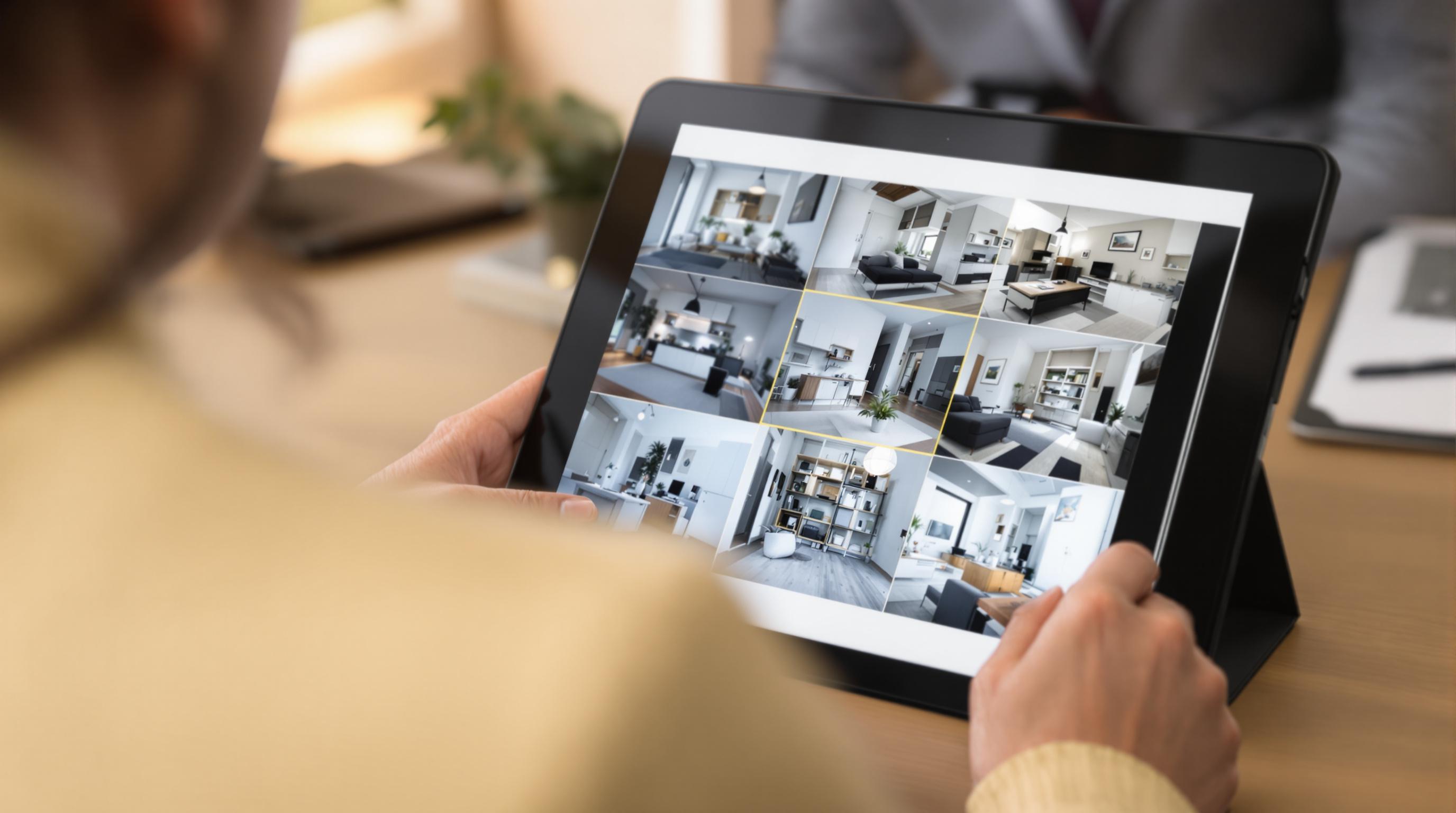 Person monitoring home security remotely from office using tablet with multiple camera views