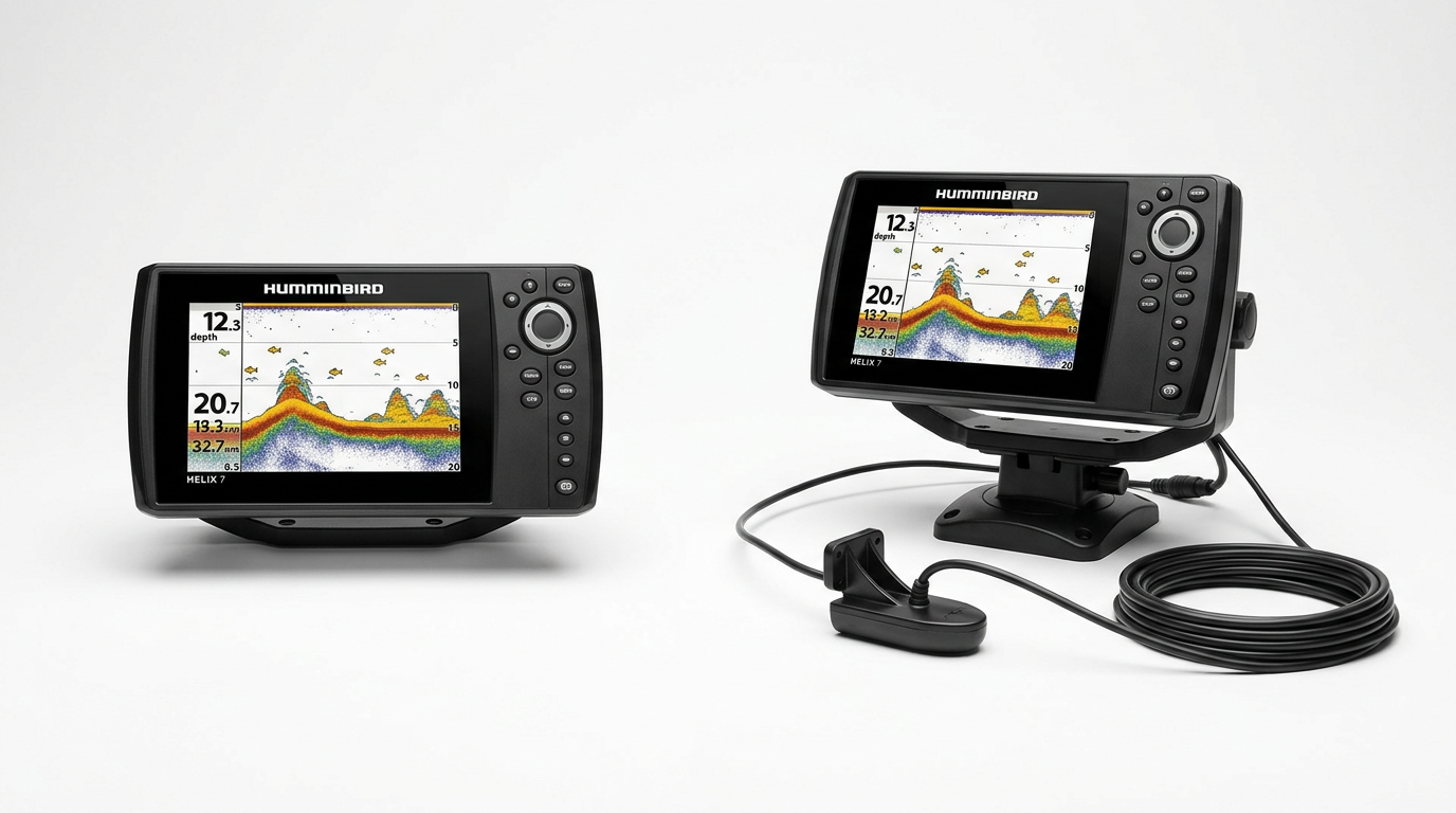 Comparison of a Humminbird HELIX 7 control head only unit versus a complete package with transducer and mounting bracket