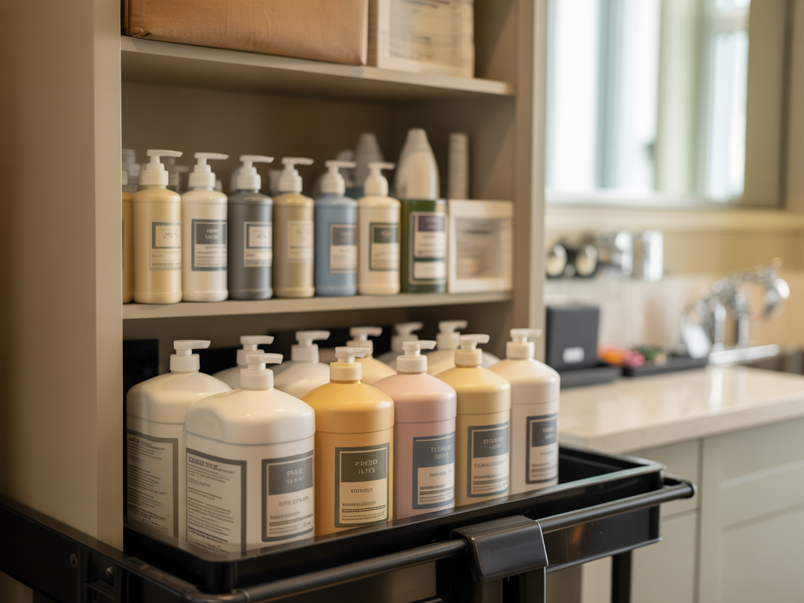 Organized housekeeping supply closet with neatly arranged StayWorthy amenity products on shelves