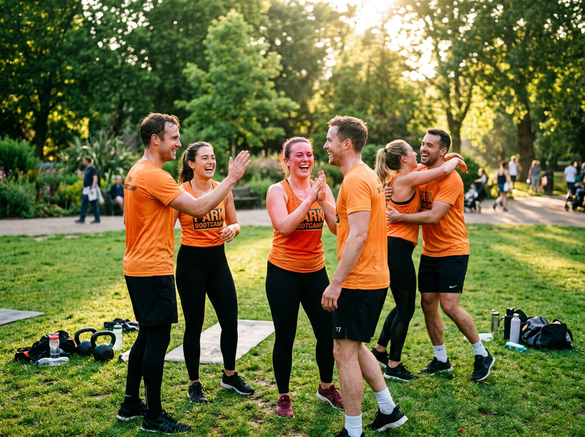Groep volwassenen high-fivet elkaar lachend na een training in het park