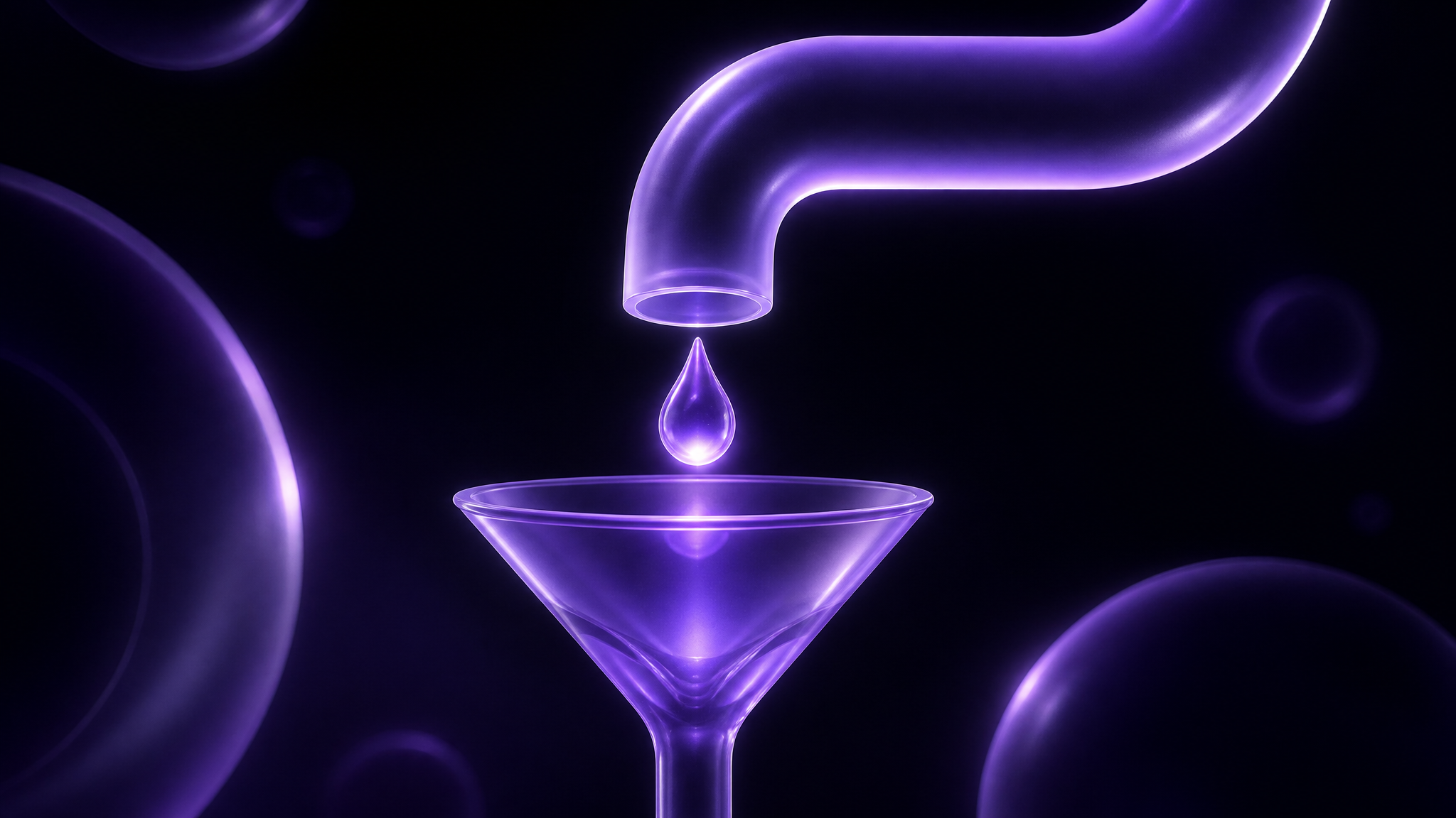 A translucent frosted-glass pipe with a glowing violet droplet falling into a funnel, floating in the dark