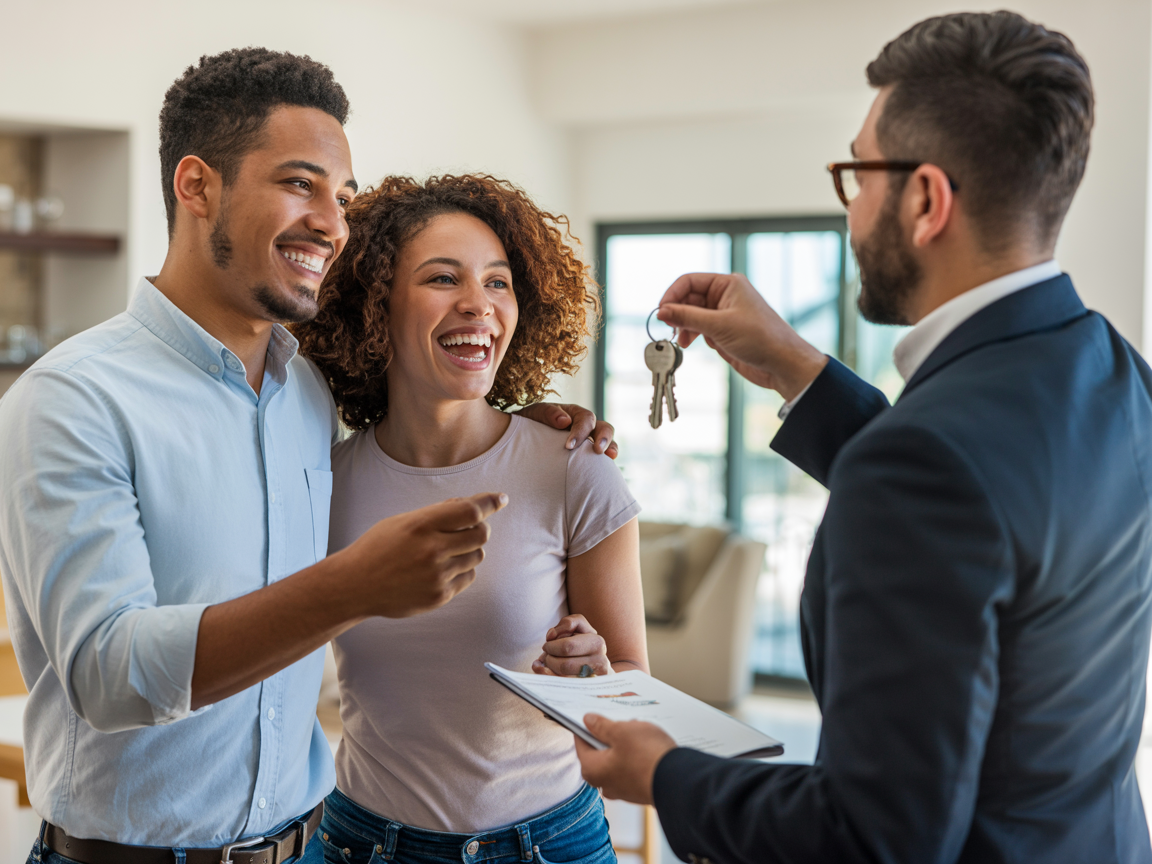 Happy couple receiving keys to their first home