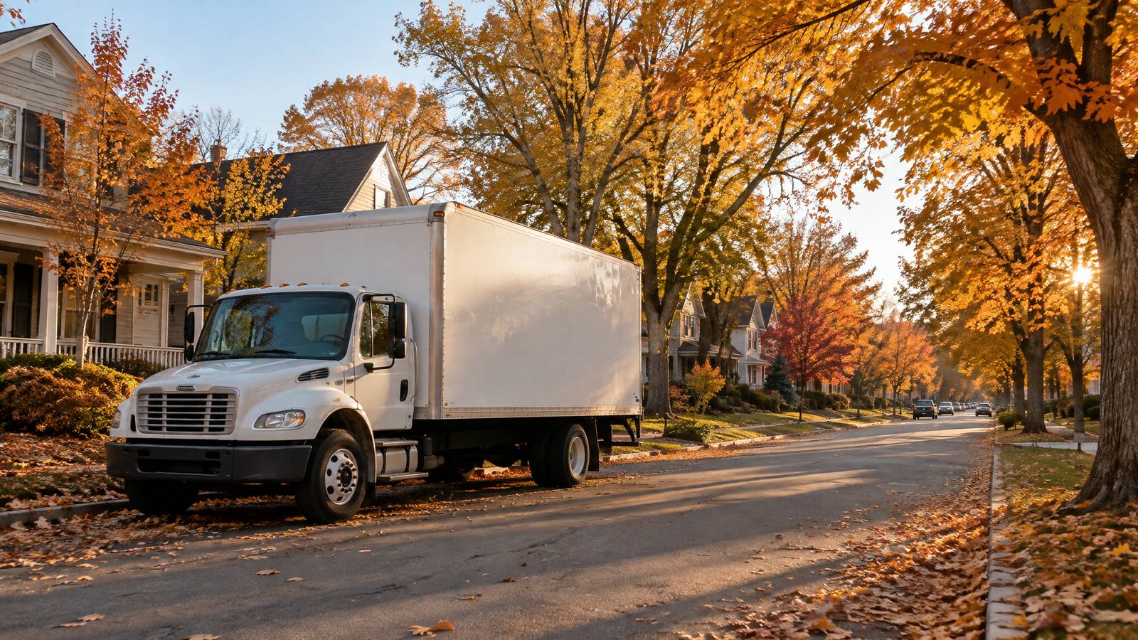 Moving truck parked on a tree-lined autumn street — Appleton, Wisconsin