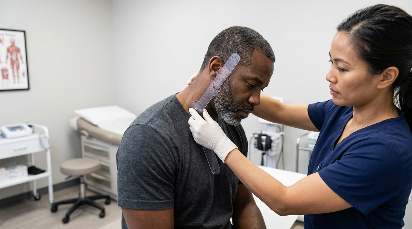A medical professional using a goniometer to measure the cervical range of motion of a veteran patient in a clinical setting