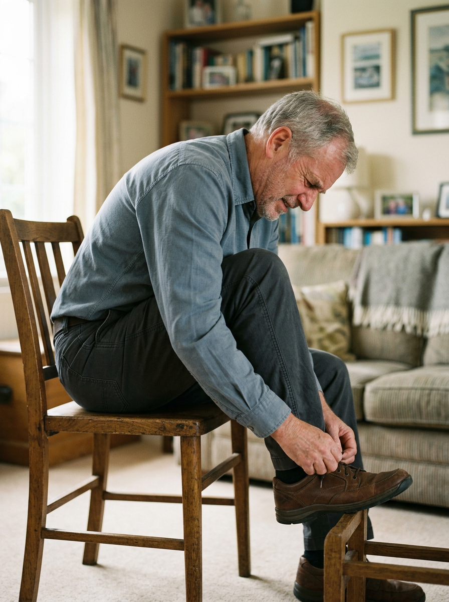 Older white male veteran in his 60s struggling to bend forward to tie his shoes while seated on a wooden chair