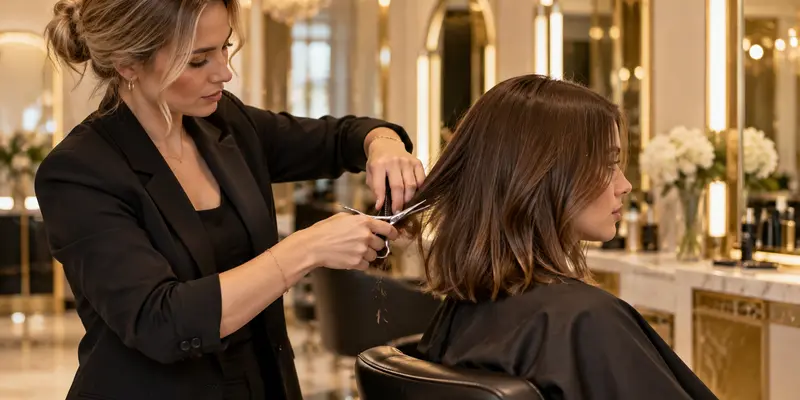 Cabeleireira cortando cabelo feminino em salão de Sorocaba