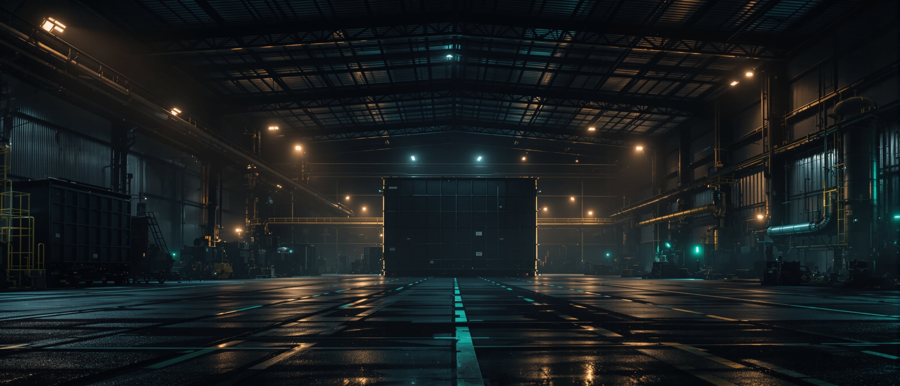 Industrial waste management facility with dramatic lighting