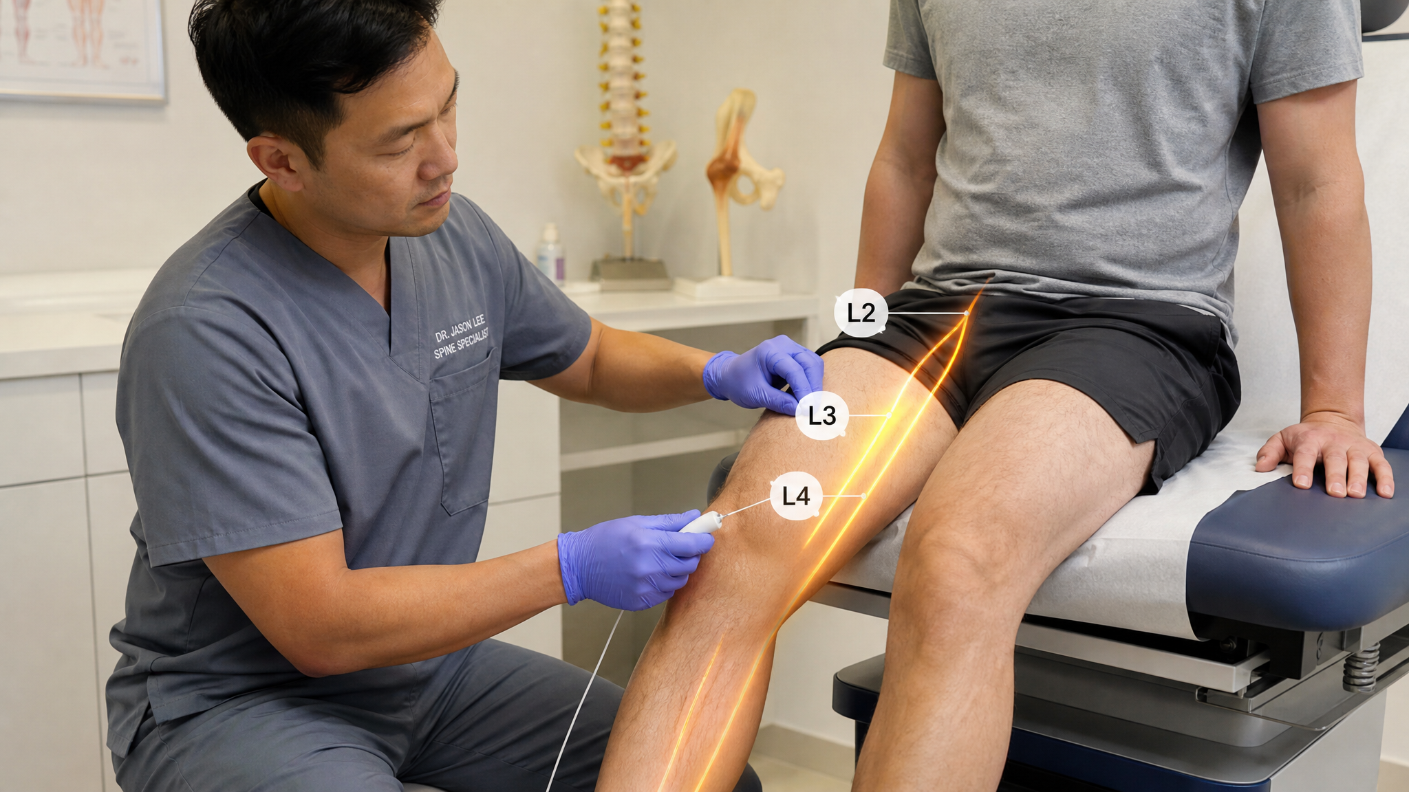 Asian man clinician in his 40s mapping dermatomes with a monofilament along the front of the thigh and inner shin, warm amber femoral-nerve glow with L2 L3 L4 labels