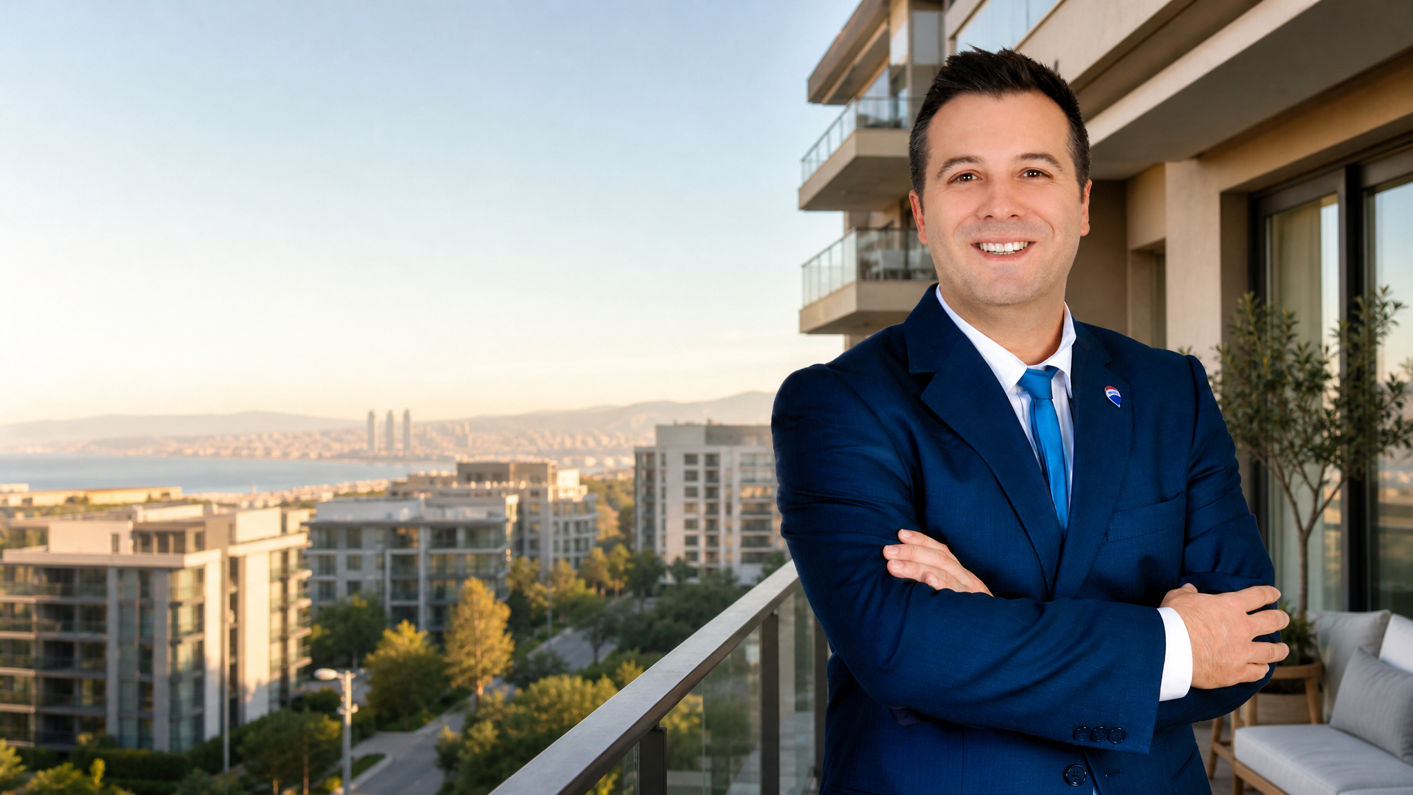 Bayraklı gayrimenkul danışmanı Alper Gete, modern konutlar önünde profesyonel portre