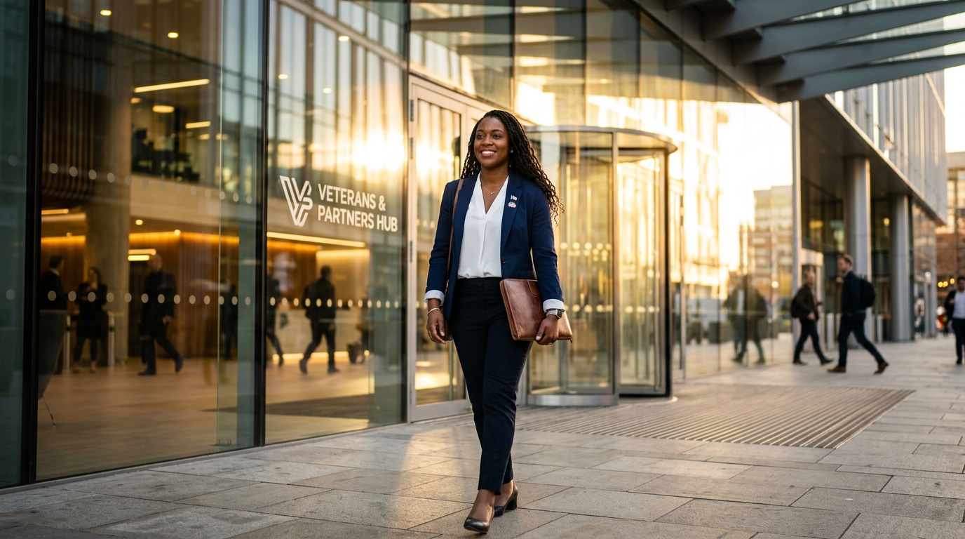 Woman veteran walking confidently into a modern office building