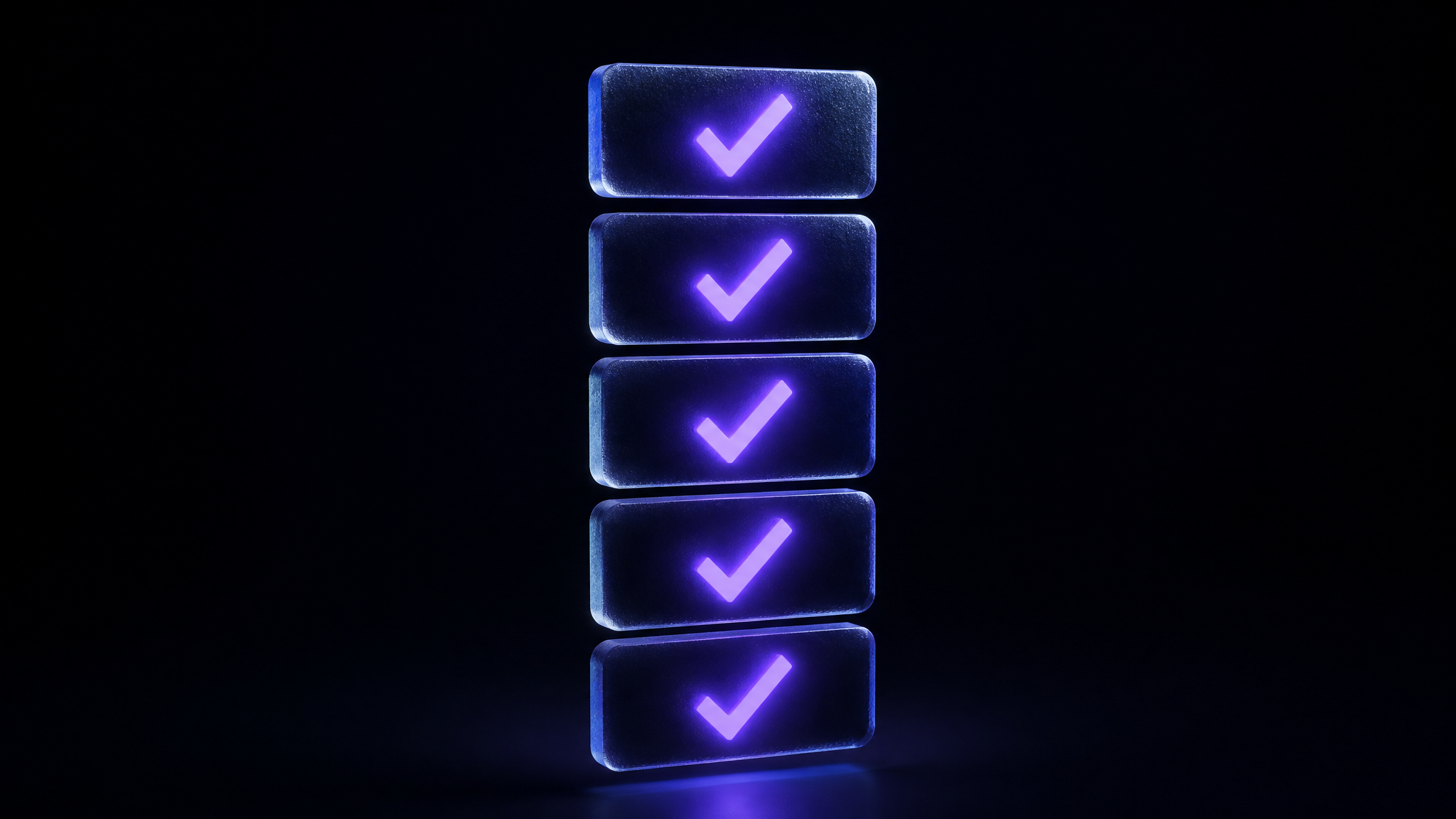 Five frosted glass checklist tiles floating in the dark, each marked with a glowing violet tick, standing for the five criteria used to compare the agencies