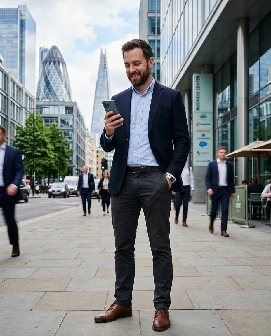 Professional using smartphone outdoors