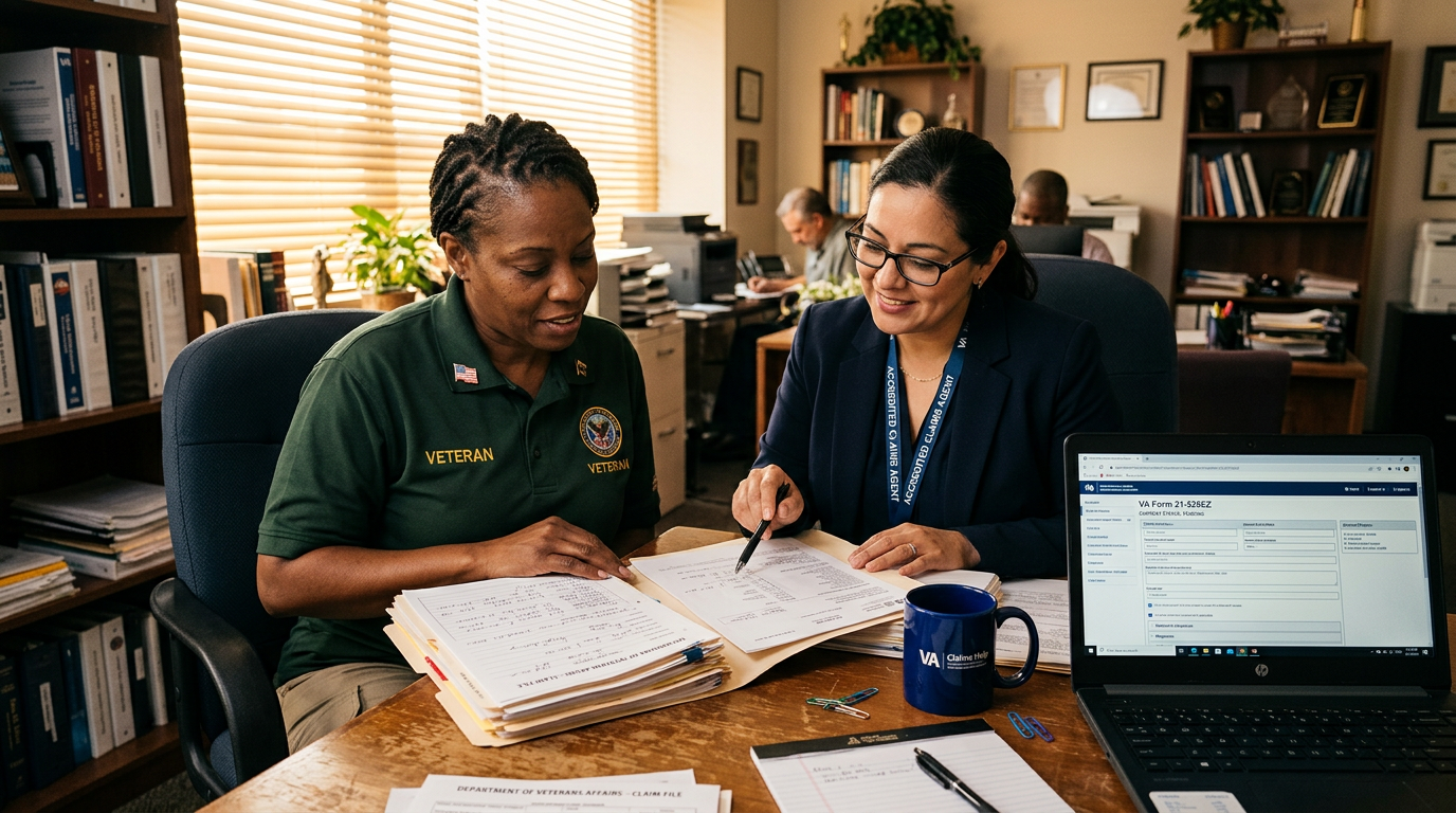 Woman veteran organizing her medical records and statements for a VA disability claim