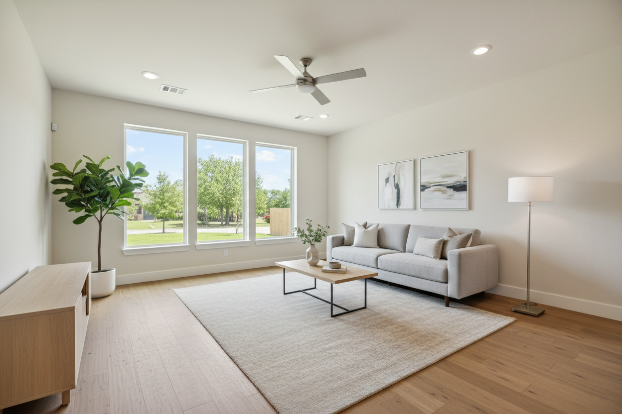 Bright, decluttered living room in a Leander, Texas home staged for spring 2026 sale
