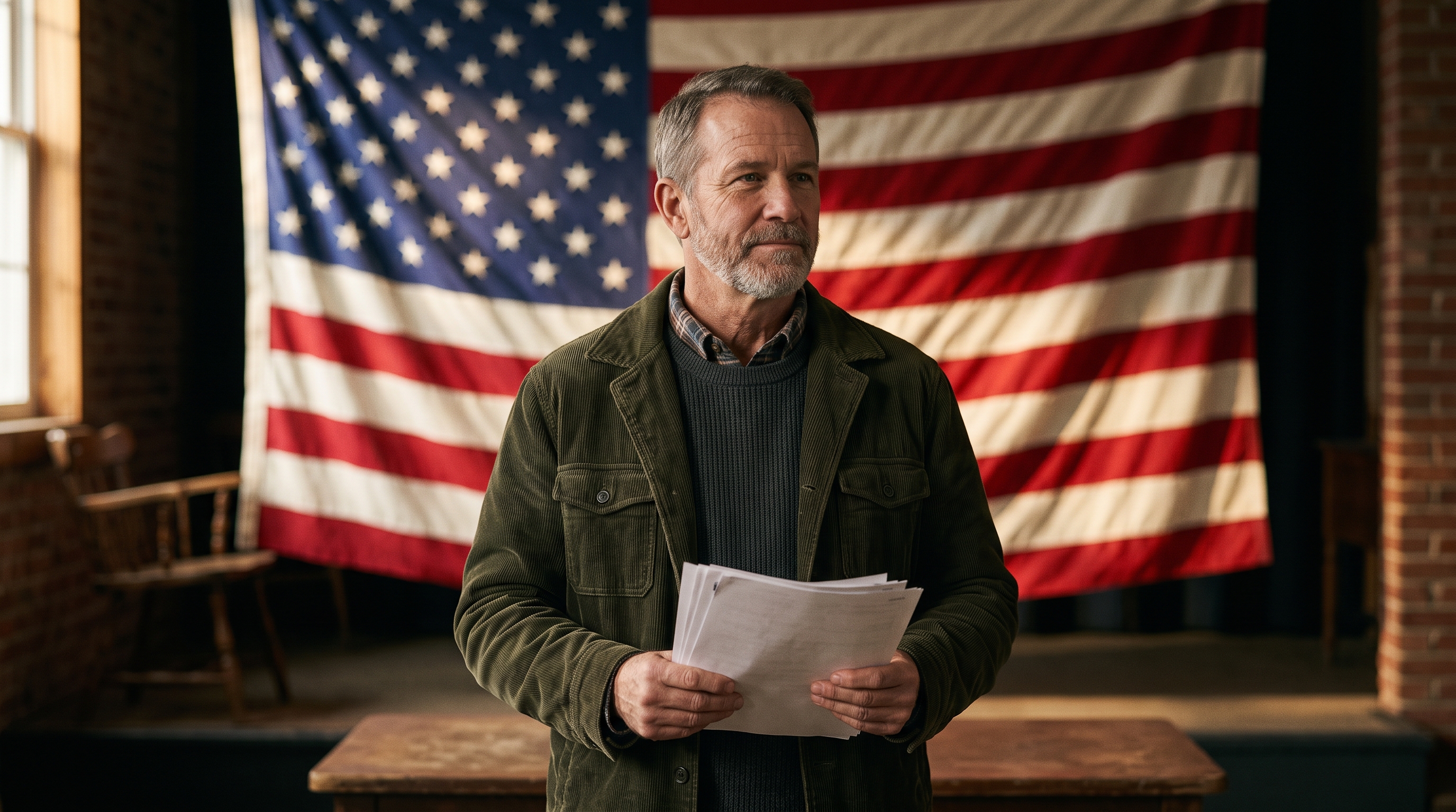A veteran with an American flag backdrop holding PACT Act claim paperwork