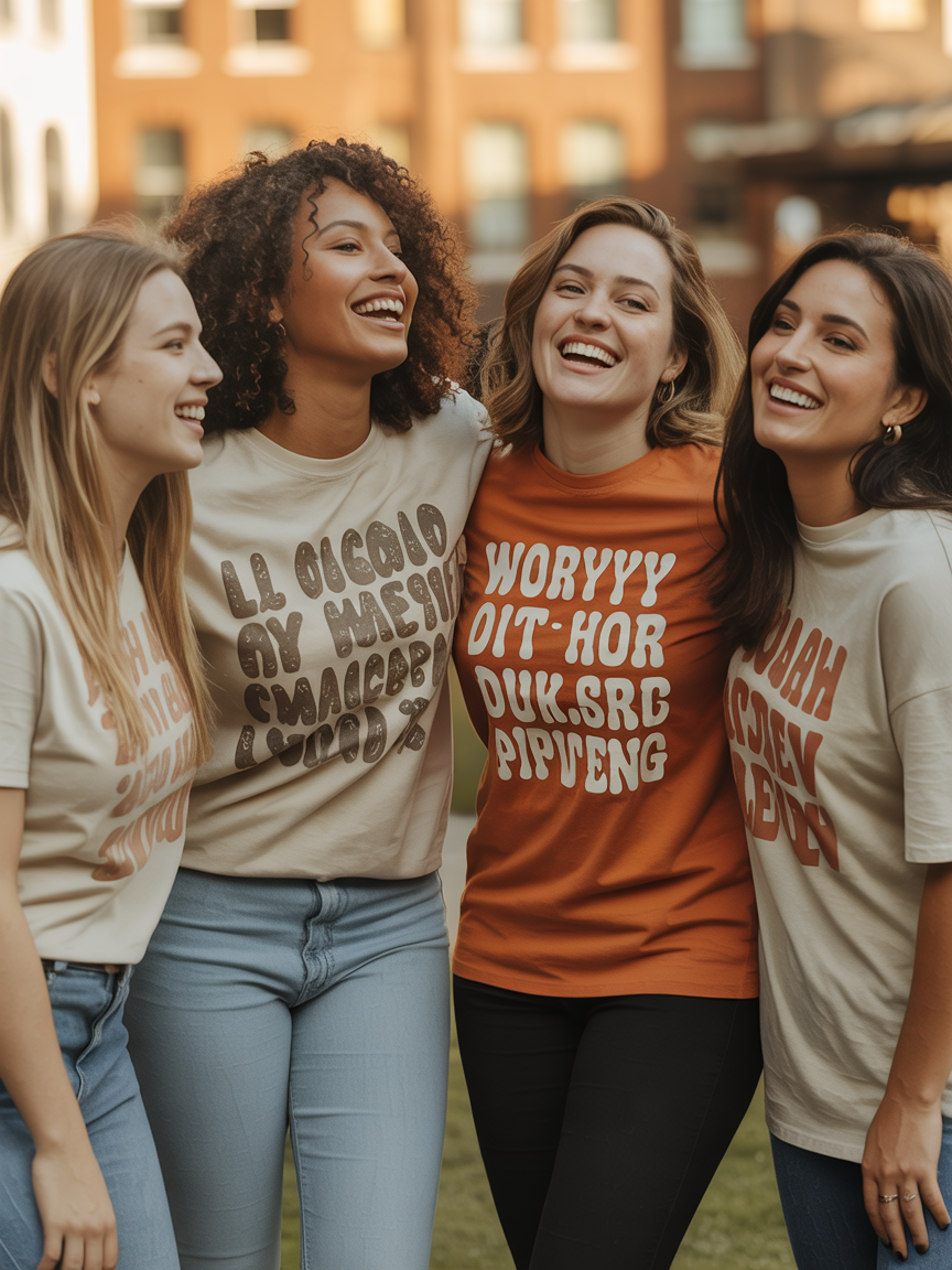 Group of women friends laughing together wearing fun graphic t-shirts in golden hour sunlight
