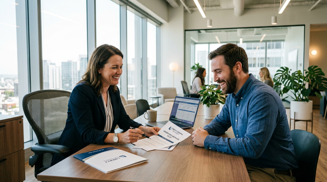 Insurance agent reviewing paperwork with a smiling client in a bright office