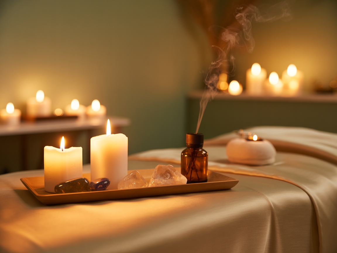 Premium holistic massage experience with candles and crystals