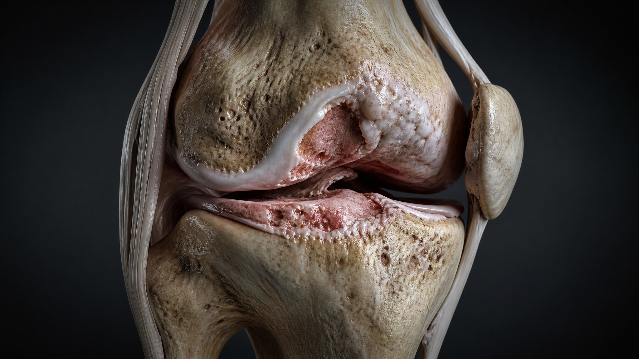 3D anatomical render of an arthritic knee joint showing worn cartilage and exposed bone surfaces in a dark cinematic setting, with no labels