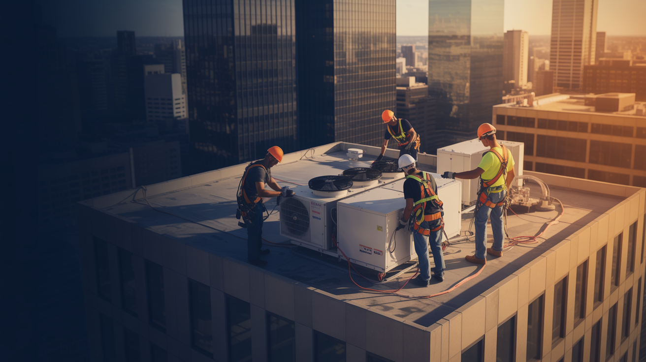 Equipo técnico realizando mantenimiento especializado en edificio
