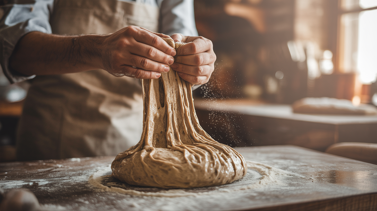 Close-up of baker’s hands stretching sticky, high-hydration sourdough dough with glossy strands between fingers on a flour-dusted wooden surface, warm window light