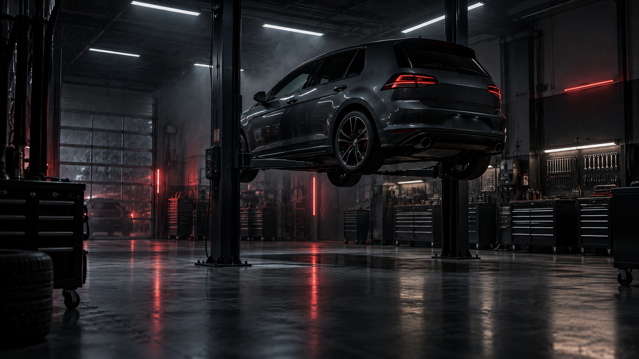 M.O. Auto Repairs workshop with car on lift