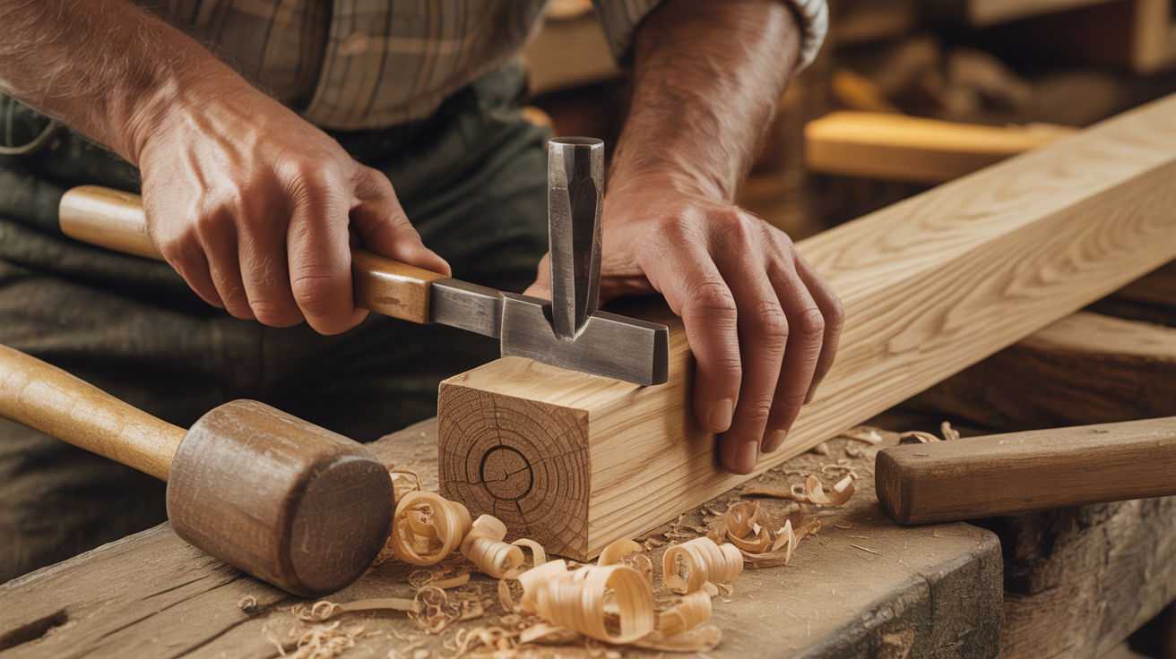 Master craftsman hand-cutting oak beam with traditional chisel and mallet