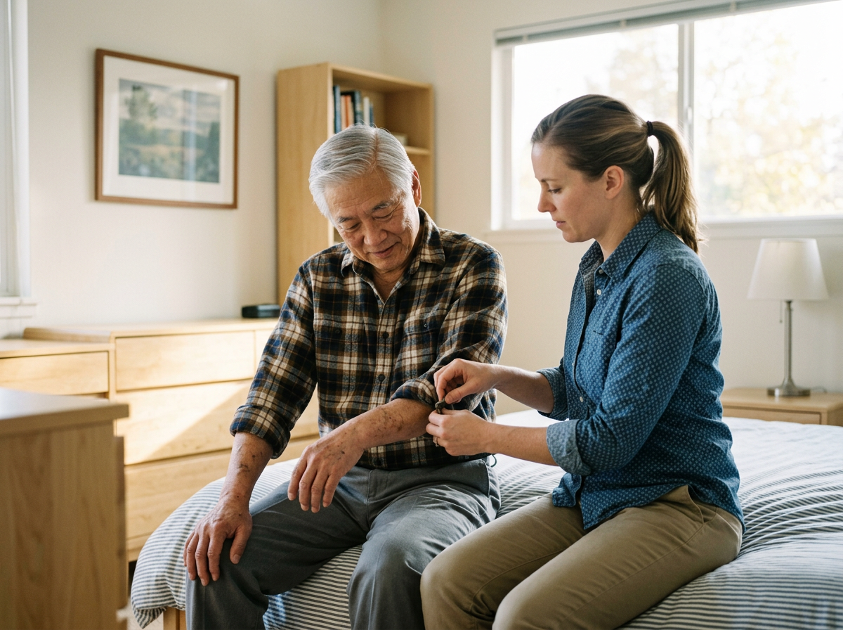 East Asian male veteran receiving dressing assistance from caregiver showing daily aid and attendance needs