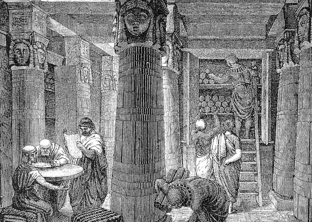 Nineteenth-century engraving imagining the Library of Alexandria, with scholars among colonnades and scrolls