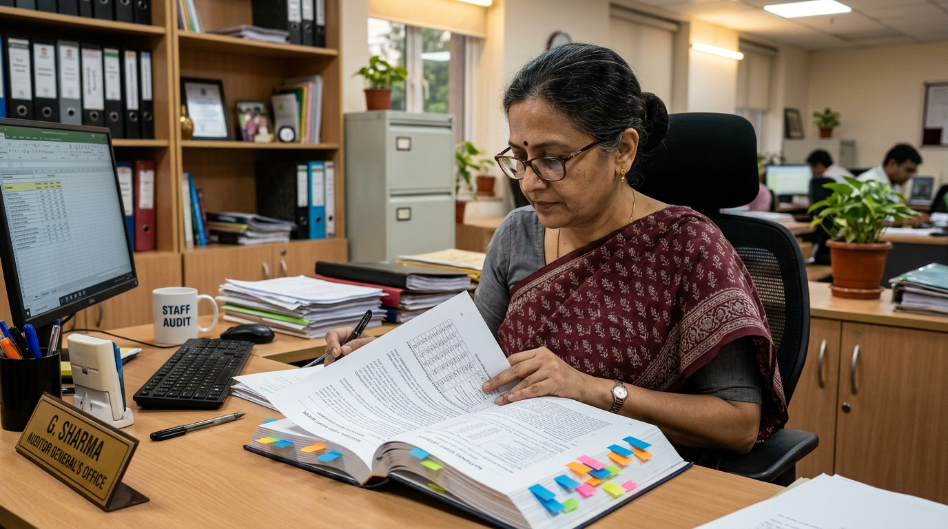 A veteran reviewing a thick government audit report marked with sticky tabs