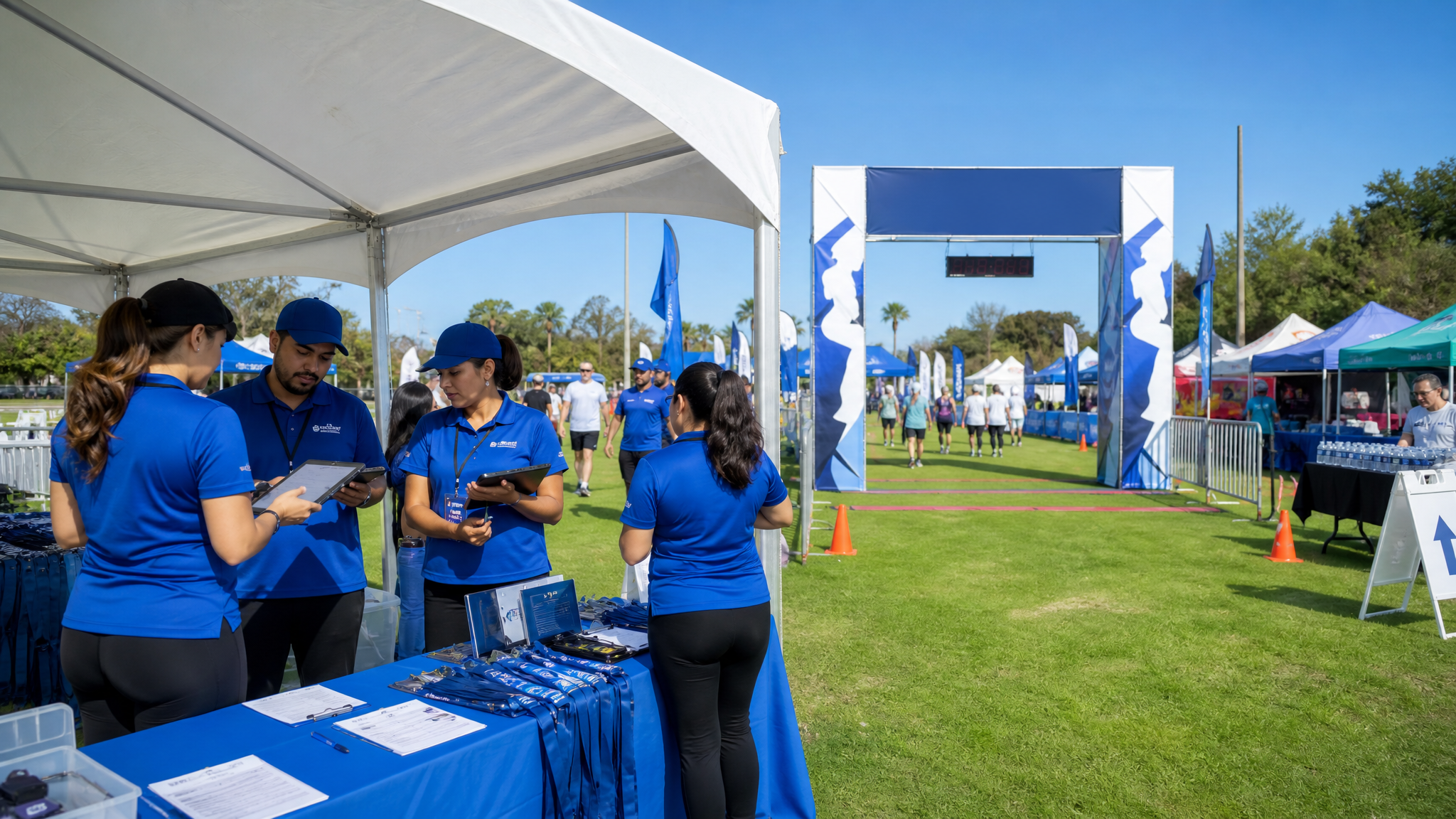 Professional outdoor event setup with registration booth and tents