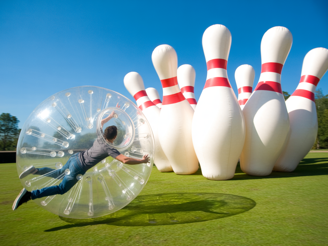 Human zorb bowling activity with person rolling towards giant inflatable pins