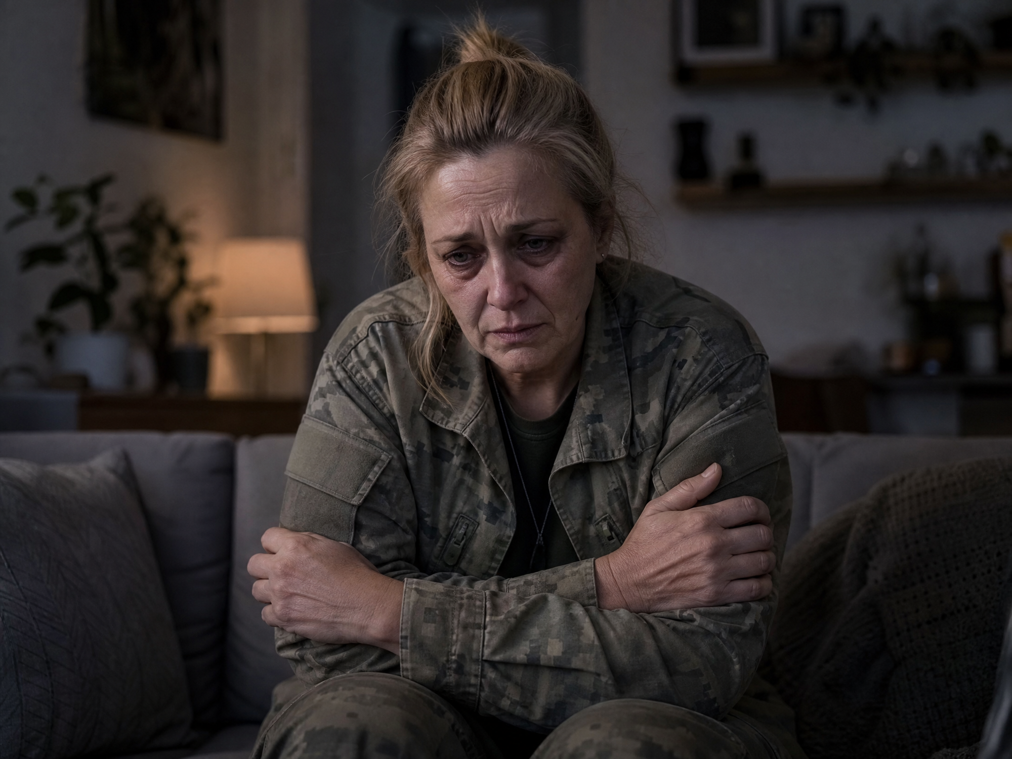 White female veteran in her 50s on a couch looking stressed and anxious depicting the connection between PTSD and cardiac disease